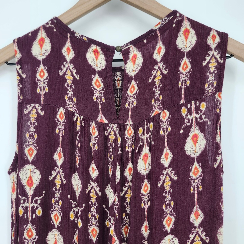 Knox Rose Earthy Indie Boho Ikat Dress Size S Purple Smocked Crochet Lace - Picture 5 of 6